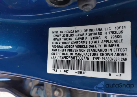 2015 Honda Civic Lx from USA, damaged, VIN 19XFB2F58FE006776